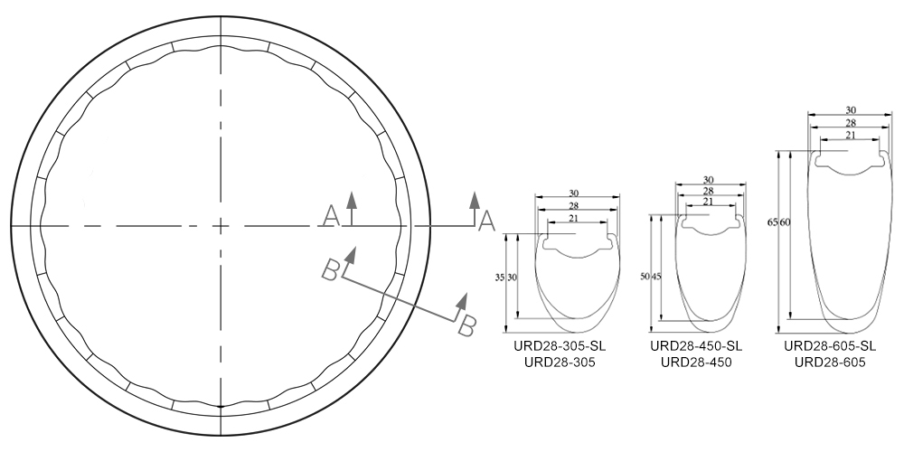28mm width undulating carbon disc brake rims drawing