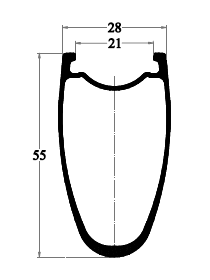 cross section drawing of 55mm height carbon road rim