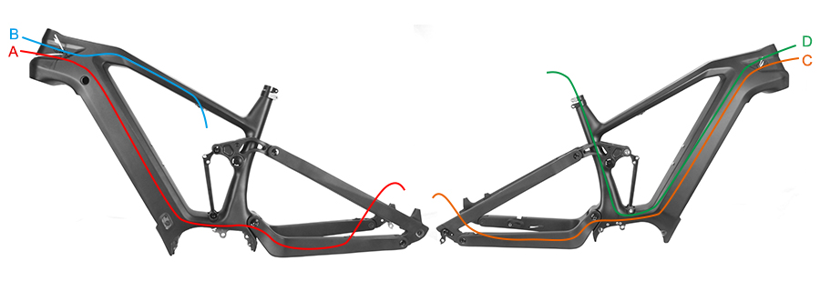 PXE18 e-bike carbon frame cable routing system