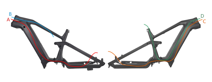 PXE28 e-bike carbon frame cable routing system