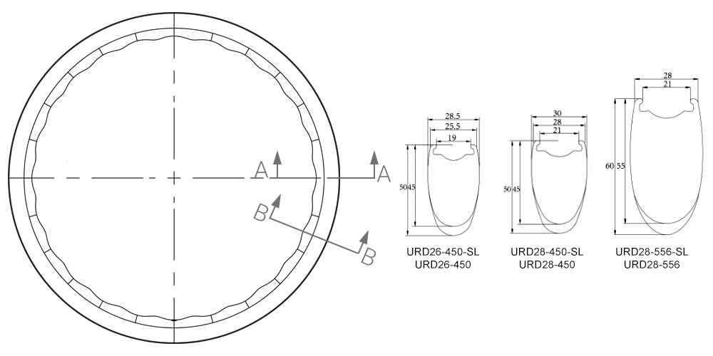 drawings for Undulating Rim Depth Carbon Clincher rims