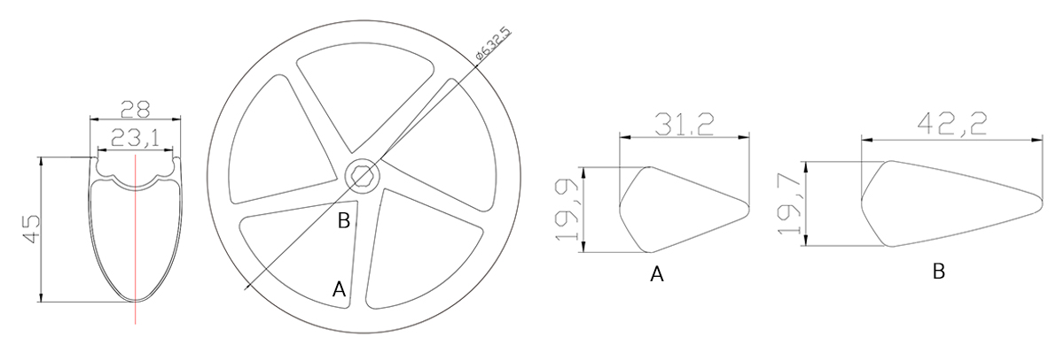 700C carbon 5-spoke wheel drawing