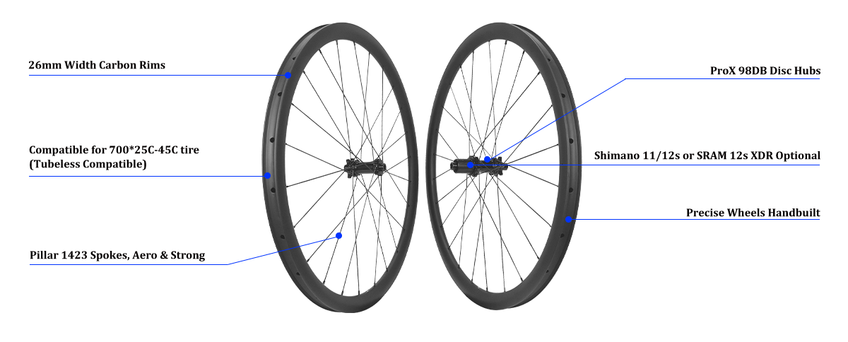 ProX carbon road wheels 98DB built with 26mm width rims