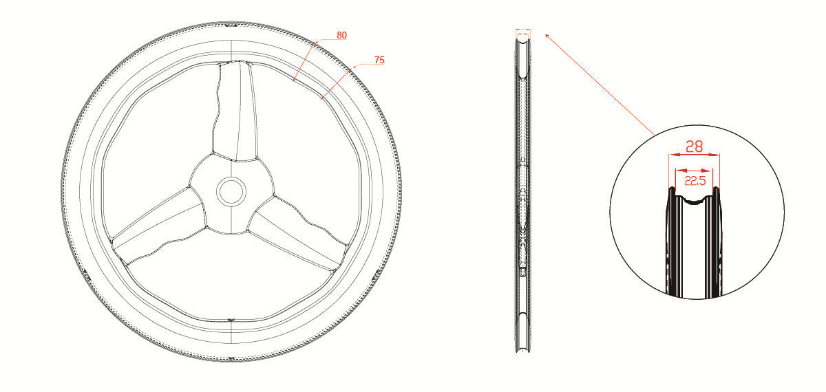 tri-spoke wheels 75-80mm wavy depth drawing