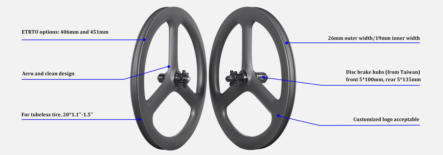 20 Inch BMX 3-spoke Carbon Aero Disc Wheelset 