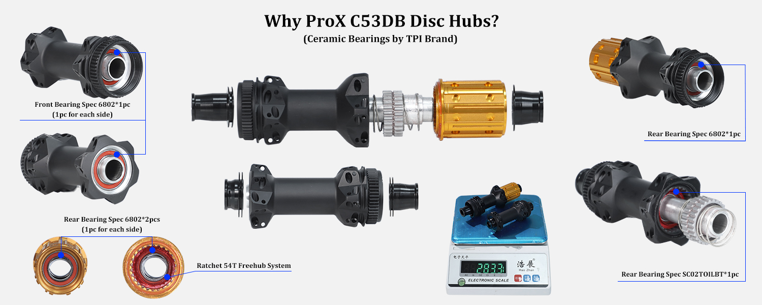 ProX C53DB hubs with Ratchet 54T freehub and ceramic bearings