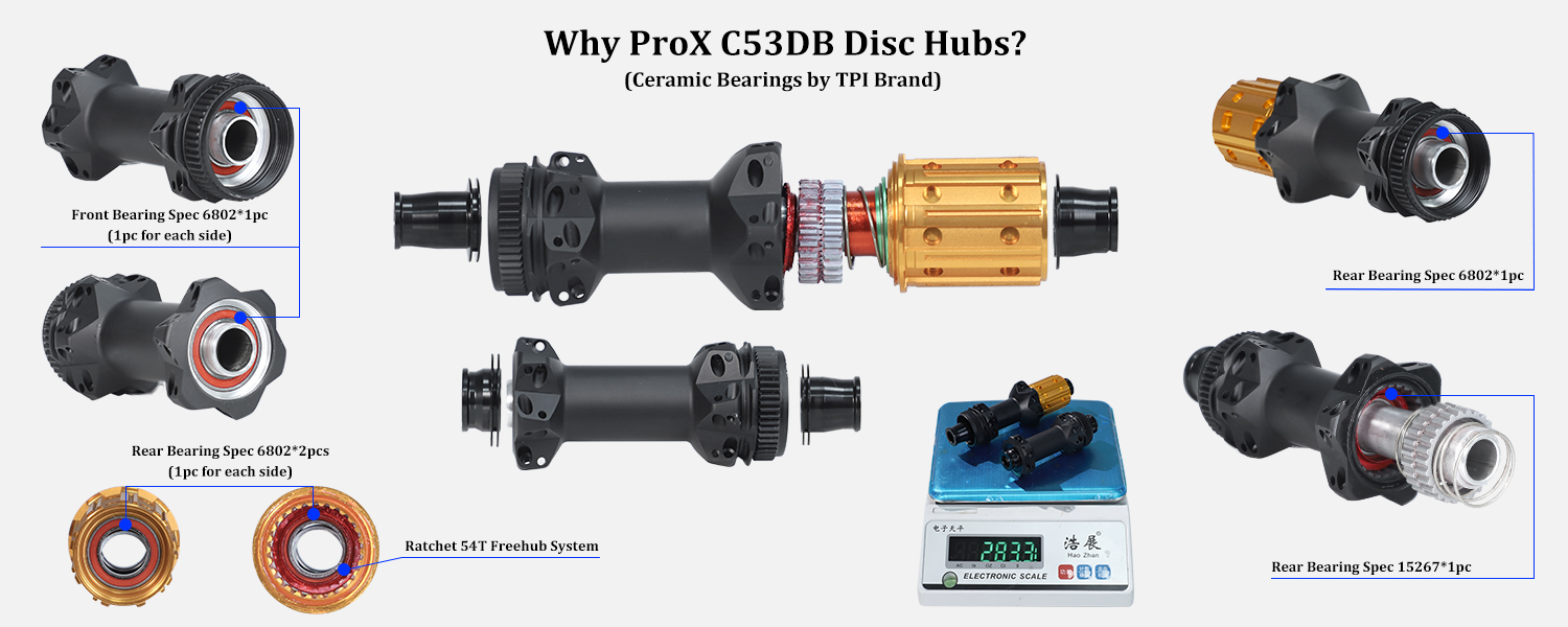 ProX C53DB hubs with Ratchet 54T freehub and ceramic bearings