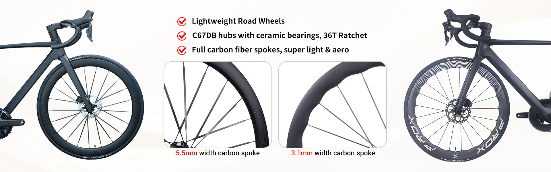 ProX Super Light Carbon Spoke Wheels C67DB Undulating Rim Depth Wheelset